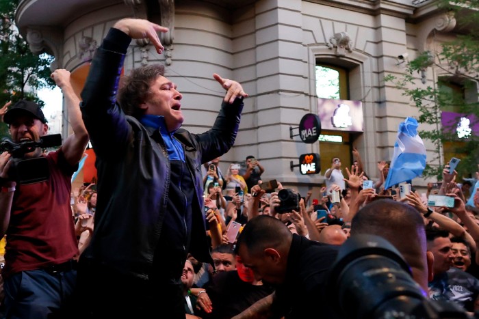 Javier Milei greets supporters at a rally in Córdoba, Argentina