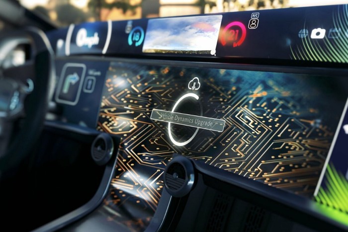 A car dashboard with an image of a semiconductor imposed on it