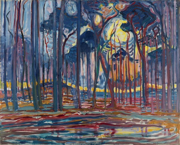 Painting of tall trees in a dark wood, with a yellow sun behind them 