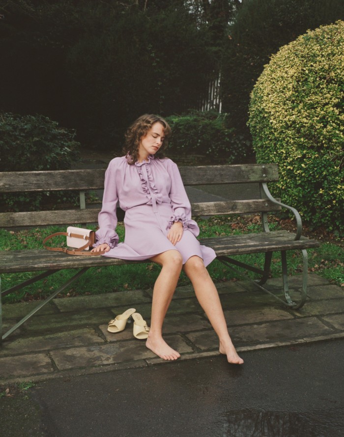 Gentle romance in a ruffle. Giulia wears Tod’s cotton and silk dress, £1,050, leather shoes, £409, and T Timeless leather bag, £860