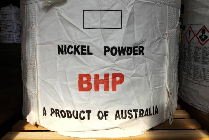 A sack filled with nickel powder, marked: ‘NICKEL POWDER / BHP / A PRODUCT OF AUSTRALIA’