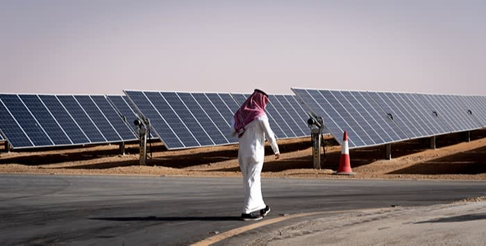 Under its Vision 2030 drive to diversify beyond oil, Saudi Arabia is aiming to massively expand its renewable-energy capacity with eight new solar plants, such as this one in Al-Jawf province