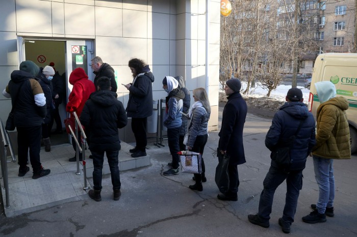 People queue at a Sberbank branch in Moscow 