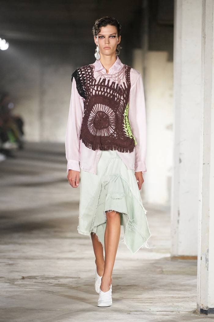 Dries Van Noten brown cotton tricot, £1,030, silk shirt, £480, and mint cotton skirt, £595