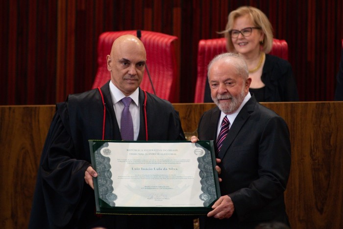 Supreme Court justice Alexandre de Moraes with President Luiz Inácio Lula da Silva. During the election, Moraes spearheaded a fight against disinformation, sometimes leading to claims he was overstepping the mark