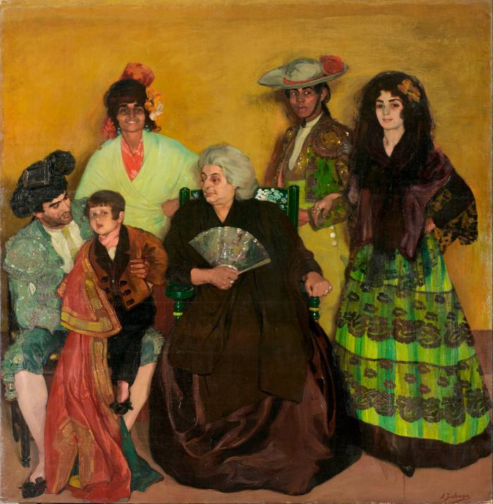 Oil painting of a group of people: two men in bright bullfighting uniforms, two women in heavy skirts and wraps, an older woman in a heavy brown dress in the middle