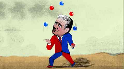 Illustration of Keir Starmer dressed in a red and blue suit, juggling red and blue balls on his head
