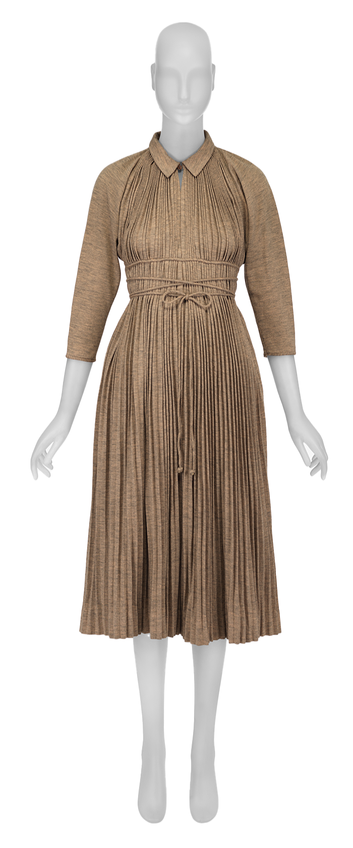 A golden brown pleated dress with a tie at the waist