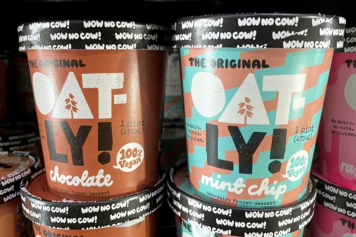 Containers of Oatly frozen desserts at a store in California