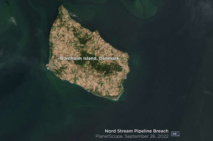 A satellite photograph of the Nord Stream 2 leak close to the Danish island of Bornholm