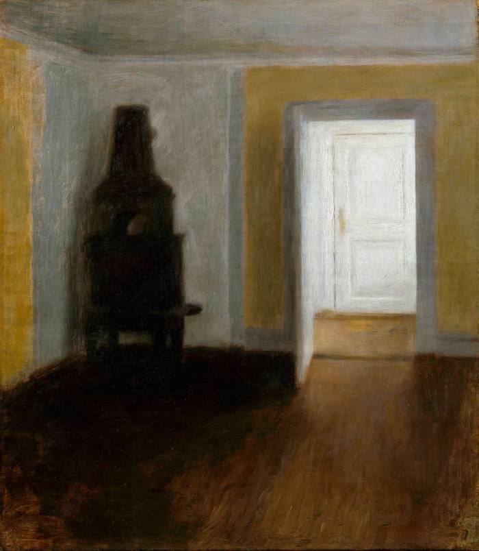 Painting of a dark empty room with yellow walls.  The door is open to another white door