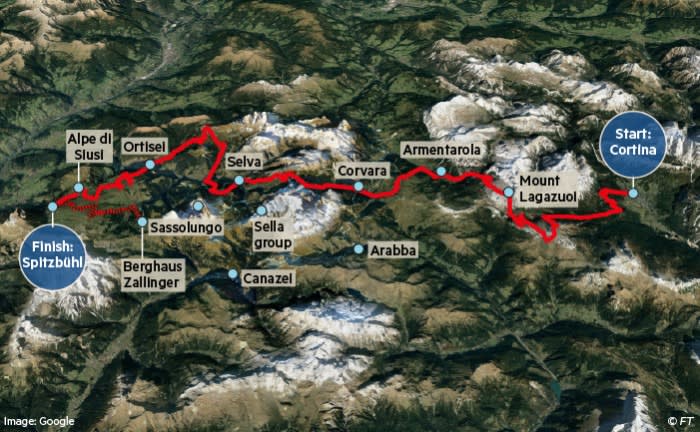 Map of the journey from Cortina to Alpe di Siusi