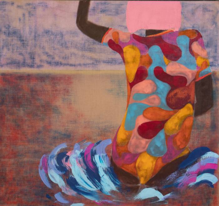 Painting of a woman in a bright blue, orange and pink bodysuit