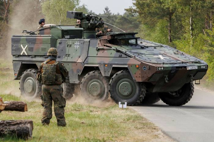 A Bundeswehr armoured transport vehicle takes part in Nato international joint military exercises in Germany this month