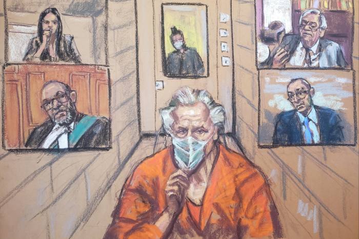 An artist's impression of Peter Nygard appearing at a bail hearing in Toronto