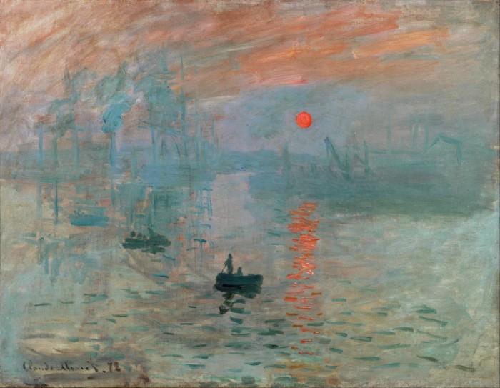 Monet’s ‘Impression Sunrise’ shows an orange orb hovering over a misty port, with blurred forms of ships in the background and a small boat in the foreground on rippling waters