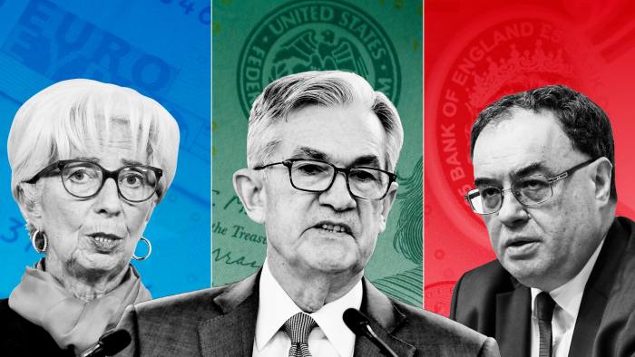FT montage showing central bankers Christine Lagarde of the ECB; Jay Powell of the US Federal Reserve and Andrew Bailey of the Bank of England