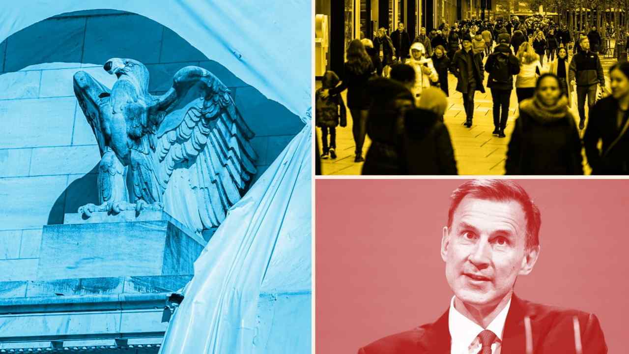 A montage of the US Federal Reserve building, shoppers in Frankfurt and Jeremy Hunt
