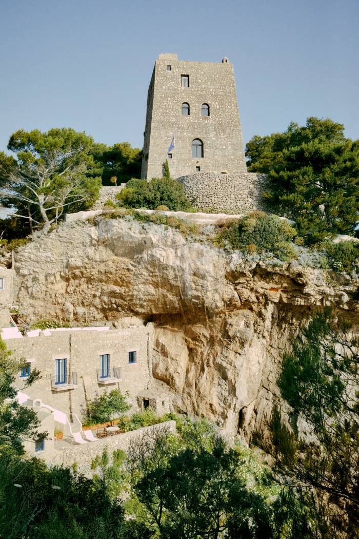 The medieval tower overlooking guest rooms on Li Galli