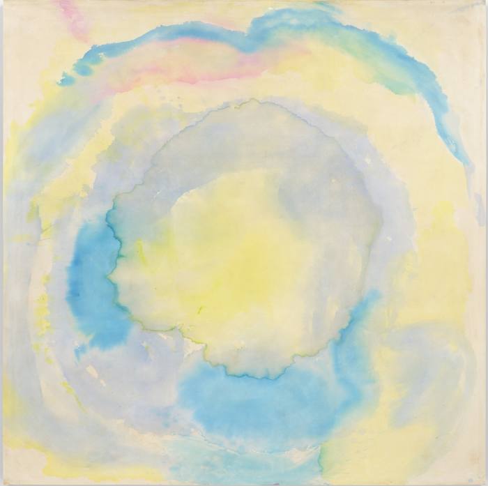 Pale painting of washes of yellow and blue circles