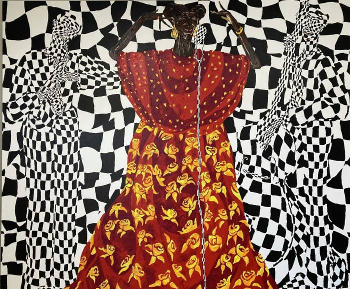 Painting of a woman in big red skirt with yellow flowers against a trippy checkerboard background