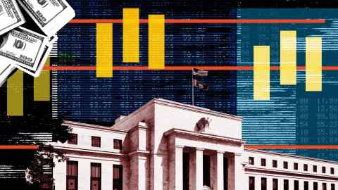 A montage of the Federal Reserve building, trading data and charts