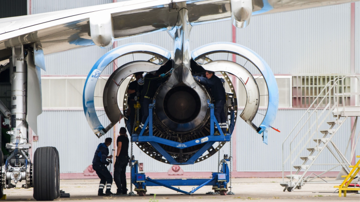 A Rolls-Royce aeroplane engine being serviced