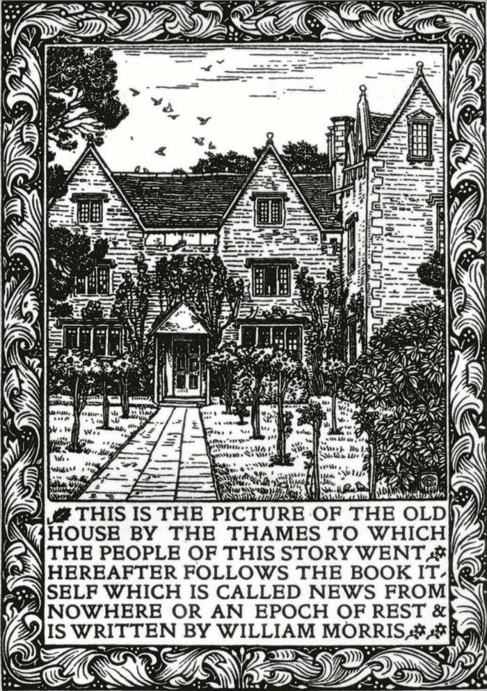 An old illustration of Kelmscott Manor, Oxfordshire, featured as the frontispiece to Morris' seminal literary work, News from Nowhere.  It depicts a dreamy country house with an orchard in front and vines creeping up the stone walls