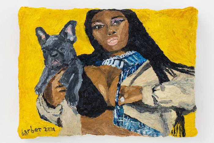 Painting of a woman holding a dog
