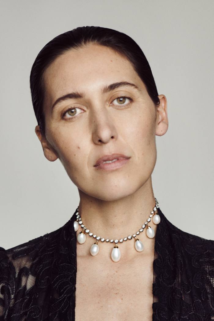 Wickstead wears the diamond and pearl Button-Back necklace, POA