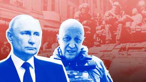 Montage of Vladimir Putin and Yevgeny Prigozhin with soldiers on a vehicle in background