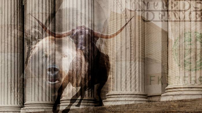 A montage showing a bull, a bear and the pillars of an ornate building overlaid by a $100 dollar bill image