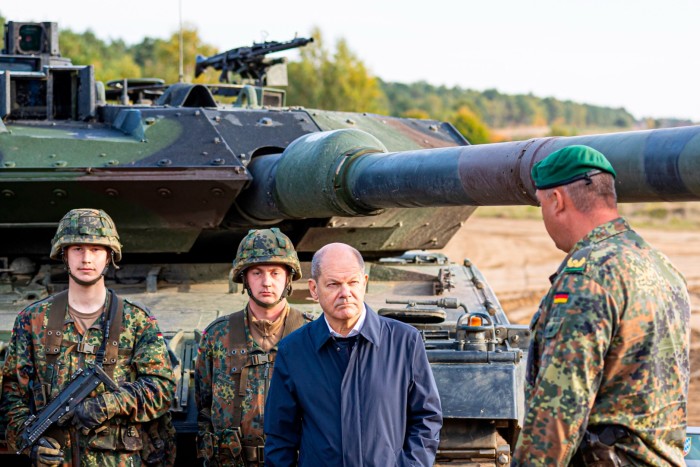 German Chancellor Olaf Scholz German army Bundeswehr soldiers and a Leopard 2 tank