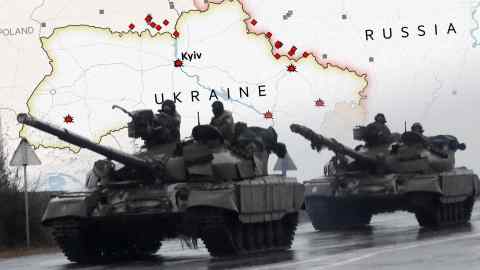 Montage map of Ukraine and tanks
