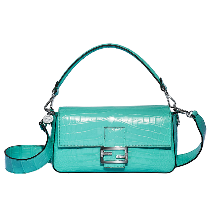 A turquoise shoulder bag with silver buckle, shoulder strap and shorter carrying strap