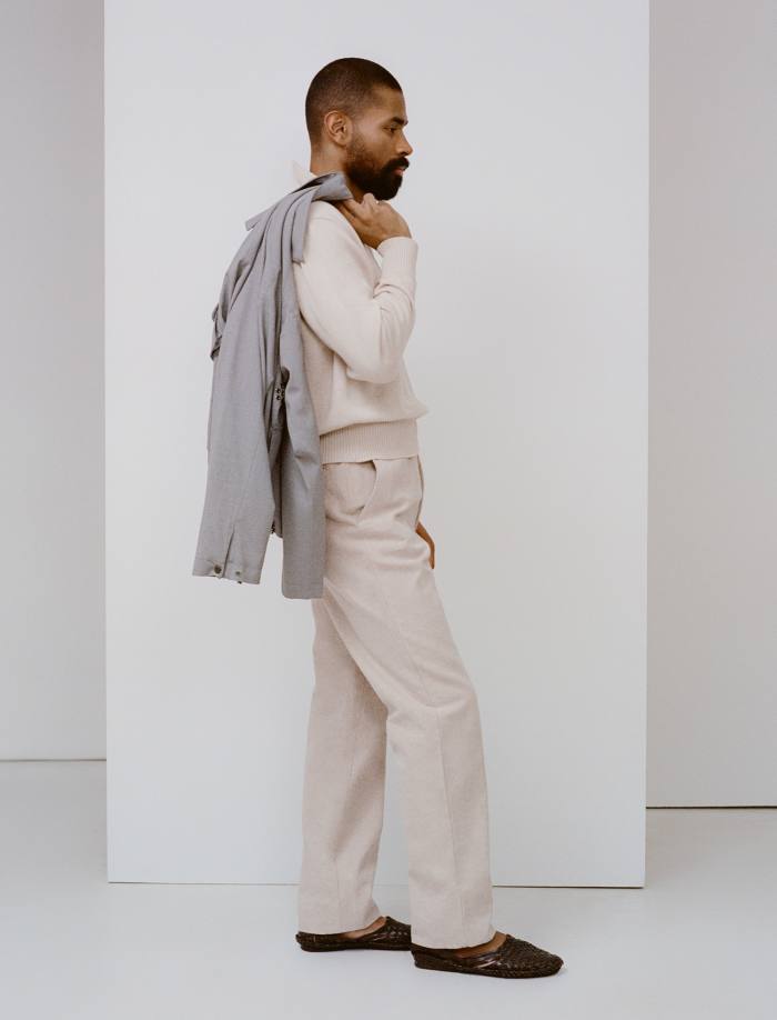 Stòffa wool Field blouson, $1,500, mouliné cotton polo shirt, $600, and upcycled cotton twill trousers, $425