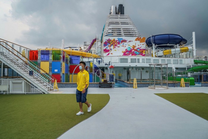 The main pool deck of Genting Dream, closed for the pandemic