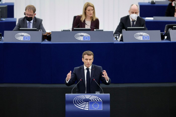 Emmanuel Macron speaks at the European Parliament