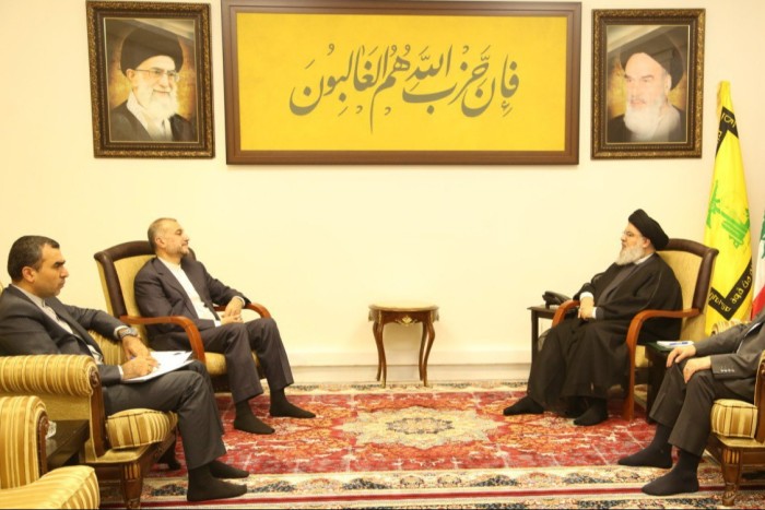 Hossein Amirabdollahian (back left) and Hassan Nasrallah (back right) meet in Beirut