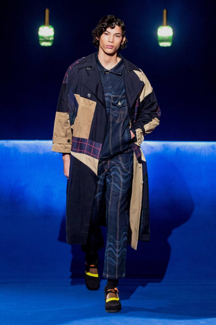 Ahluwalia Decadence trench coat, £1,080, denim jacket, £415, and low-rise denim jeans, £365