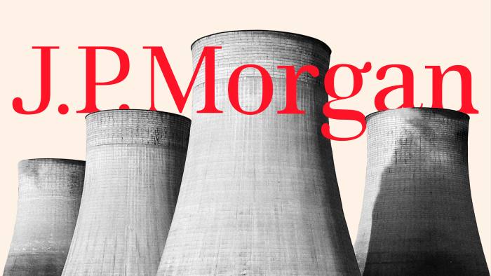 “JPMorgan” superimposed on an Image of nuclear cooling towers 