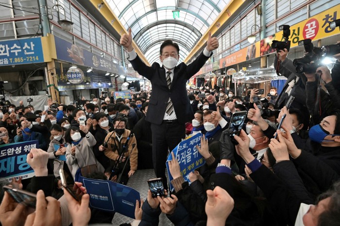 Lee Jae-myung of the ruling Democratic party at a rally in Sejong ahead of the March 9 presidential election