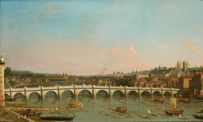 Oil painting of a long low bridge over a river busy with ships