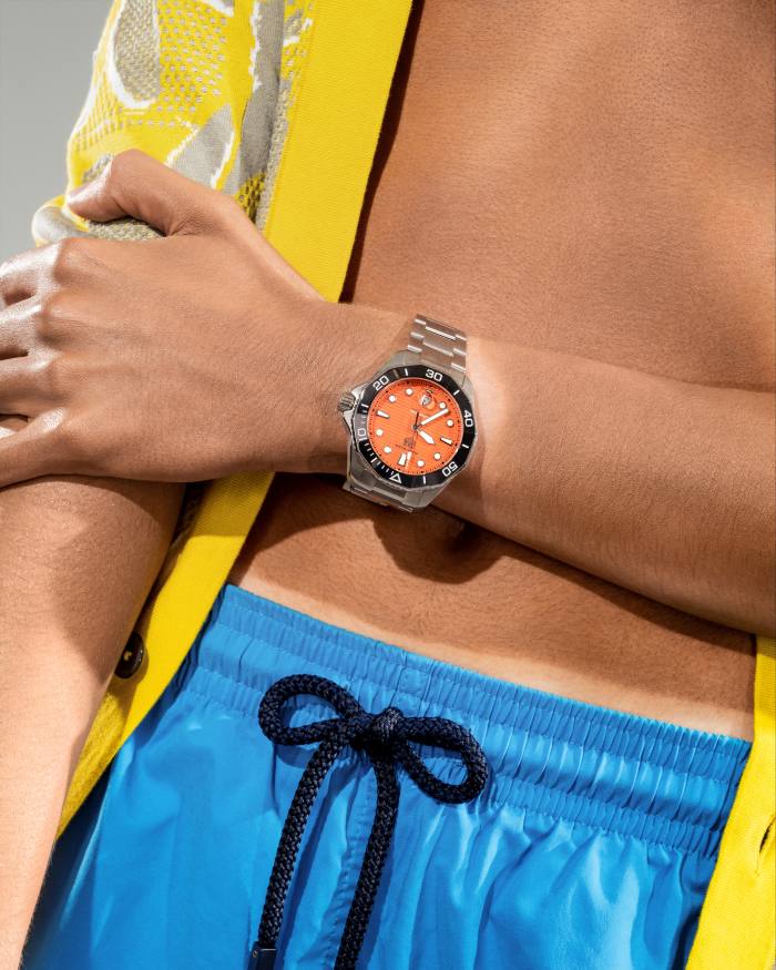 Tag Heuer stainless-steel Aquaracer Professional 300 Orange Diver, £2,700. Hermès cotton shirt, £1,390. Vilebrequin recycled-viscose swimming shorts, £135