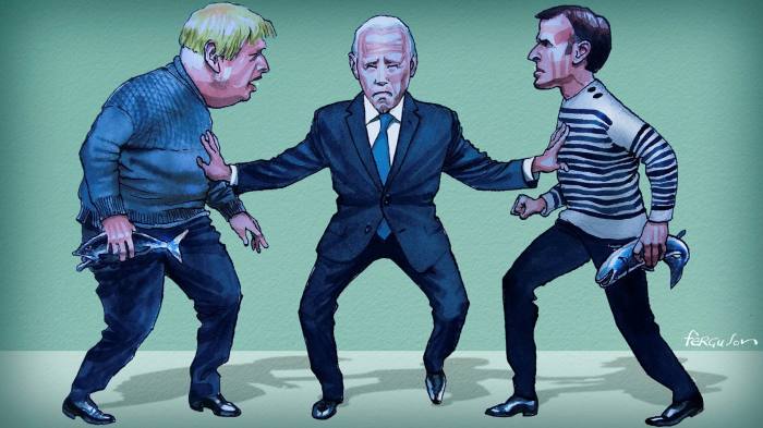 James Ferguson illustration of  Gideon Rachman column ‘UK-French rivalry puts the west at risk’