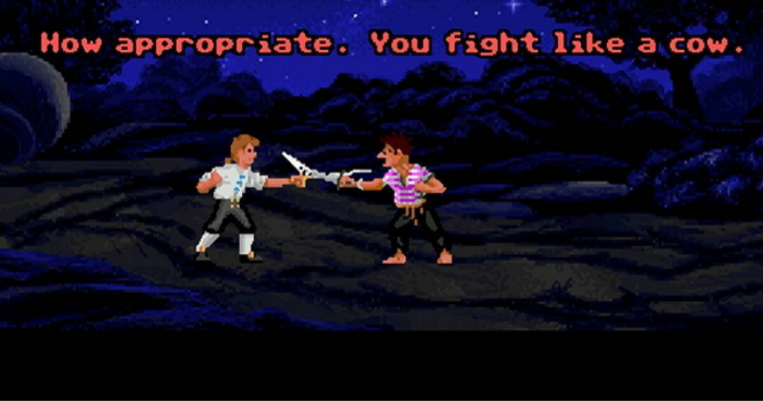Low-pixel image of two pirates fighting at night, with red text above: How appropriate - you fight like a cow