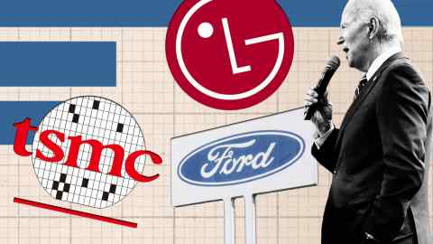 Montage of Joe Biden with Ford Motor, TSMC and LG logos