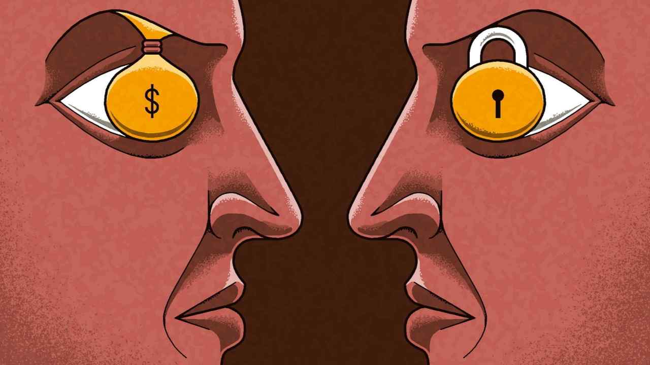 Matt Kenyon illustration of two faces looking at each other, one with a dollar sign, the other with a keyhole