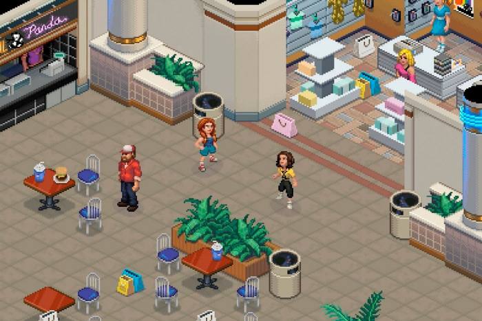 Imagen de un videojuego que muestra personajes grabados en un centro comercial