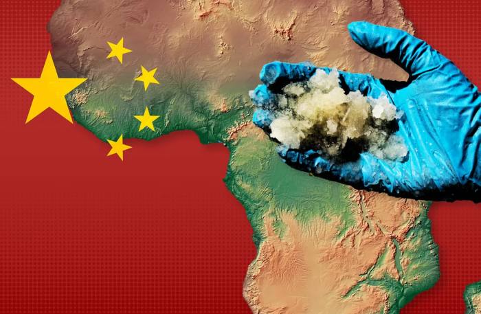 Montage of a map of Africa, the Chinese flag, and a hand holding lithium